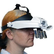 Load image into Gallery viewer, Most versatile hands-free headband magnifier, lenses 1.5X to 14X + battery light