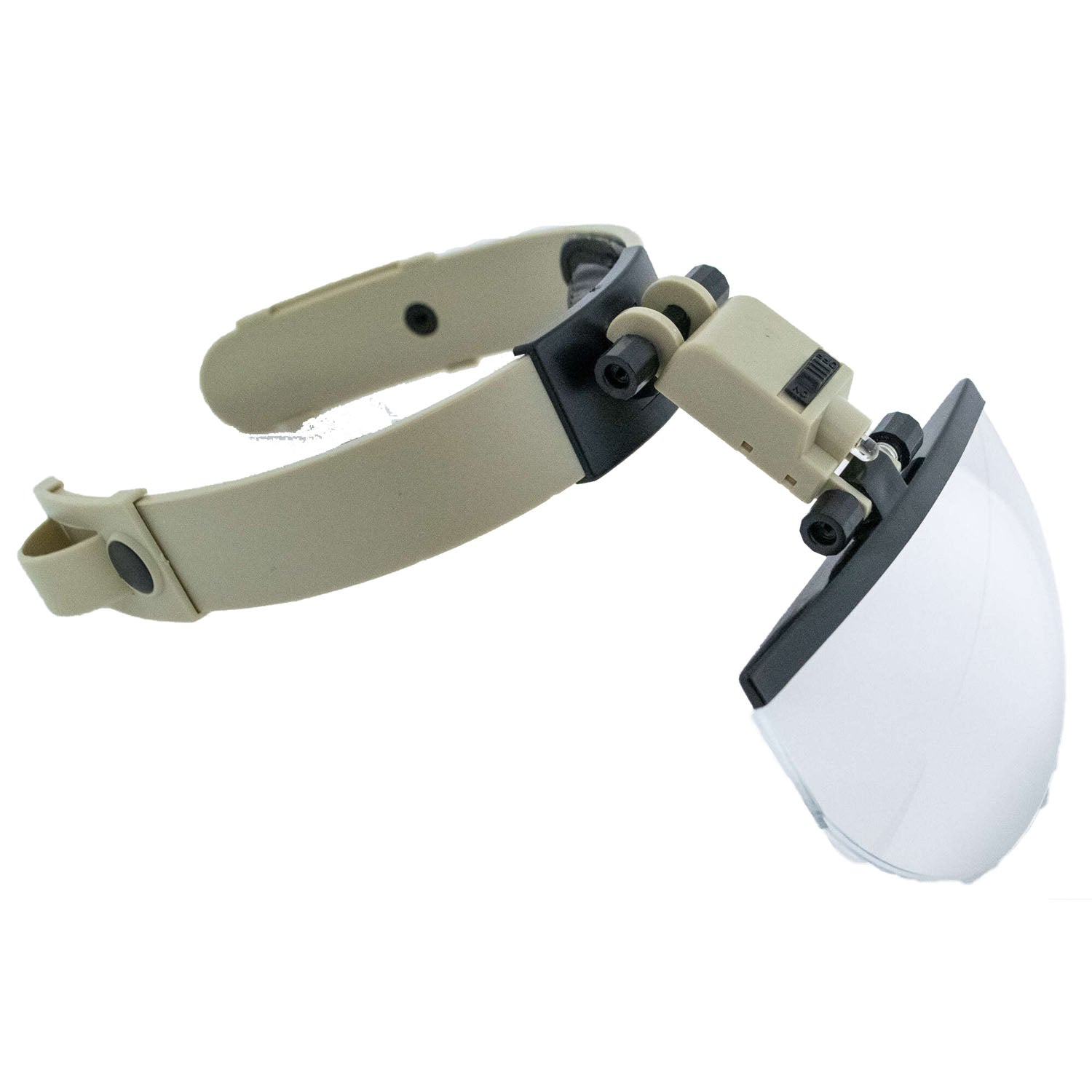 Binocular headband magnifier, lenses including 'visor' lens
