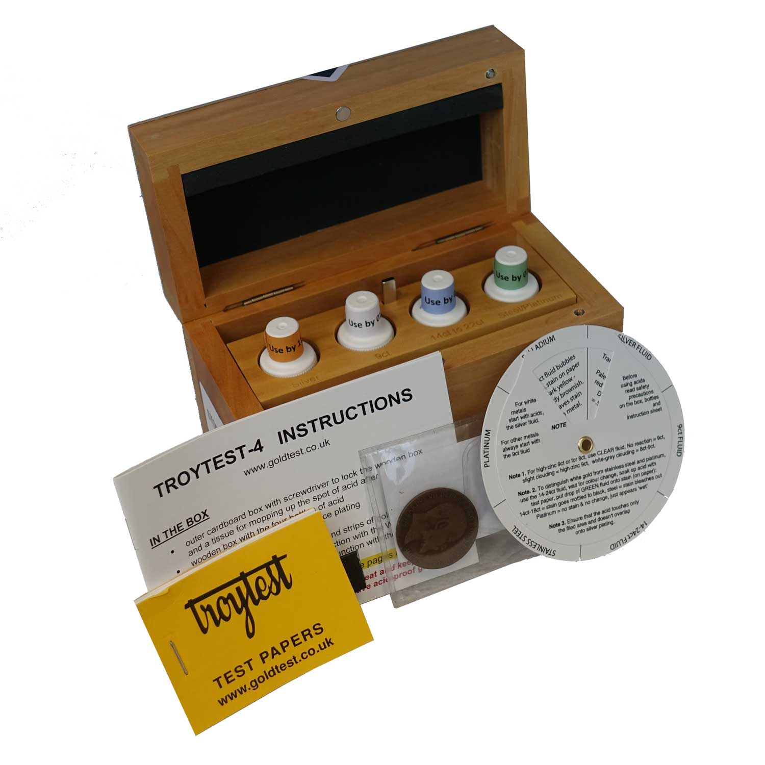 Troytest 4-bottle tester for gold, silver, platinum, white gold, palladium and steel