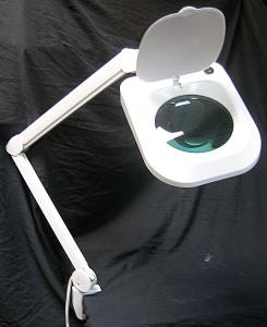 Large bench magnifier with light, 6 in. dia, lens, 2.25X magnification