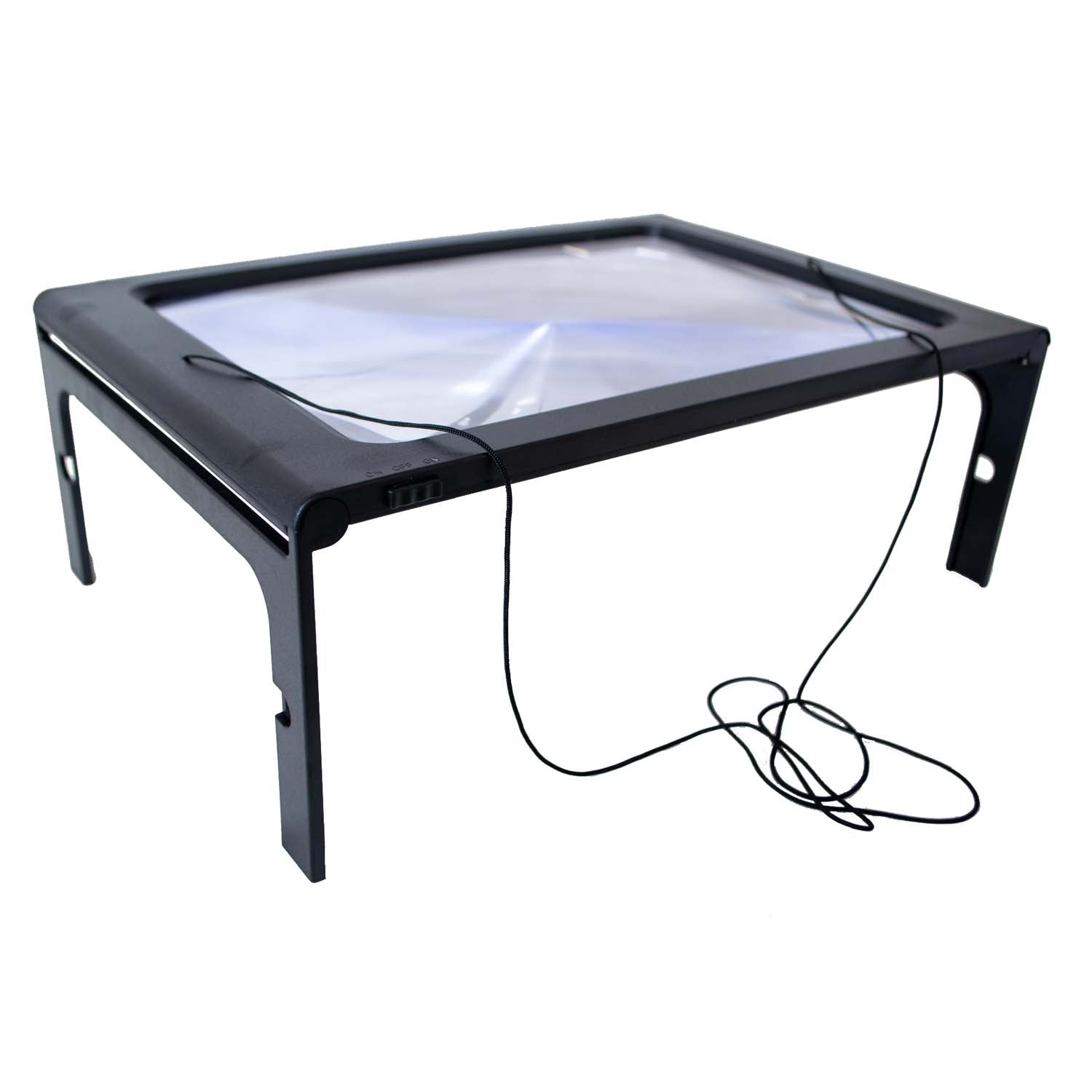 Page-size magnifier, handheld + stand + hangs around neck